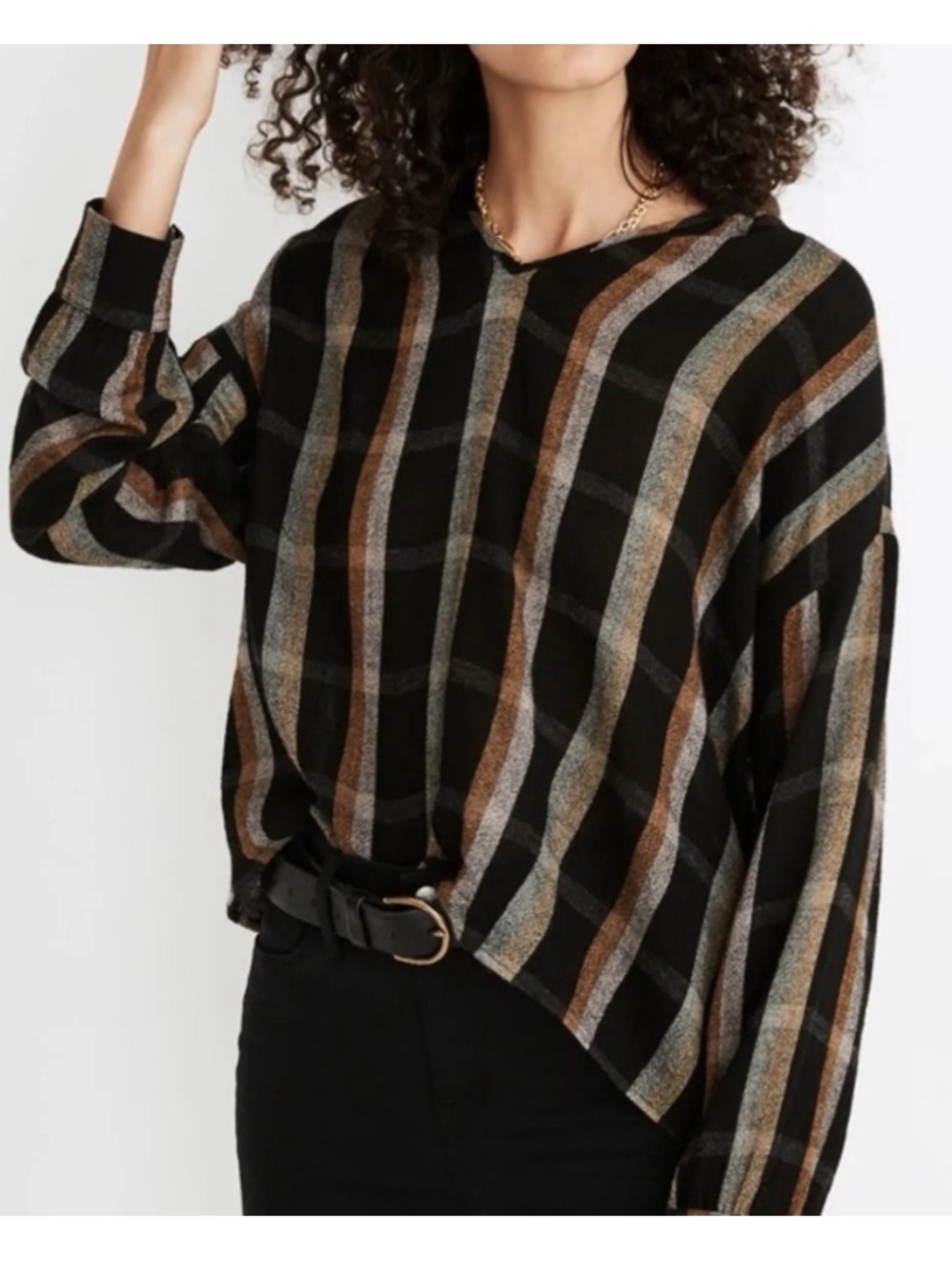 Madewell Highroad Popover Top Black Tan Stripe NWT Size M Lightweight Blouse - Picture 1 of 6